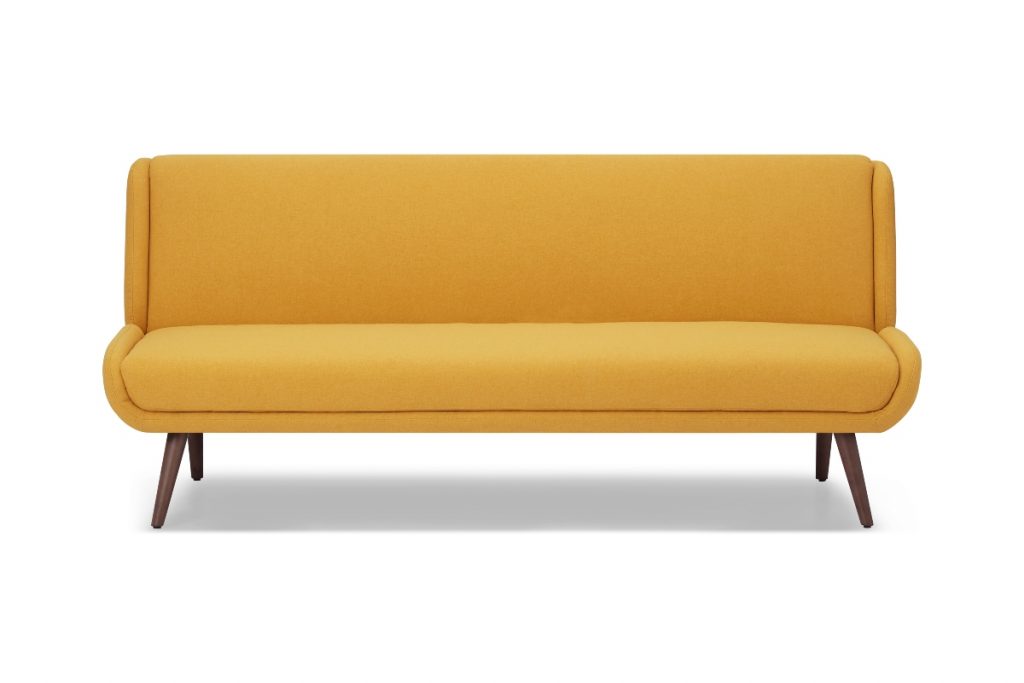 a yellow double sofa bed with dark wooden legs