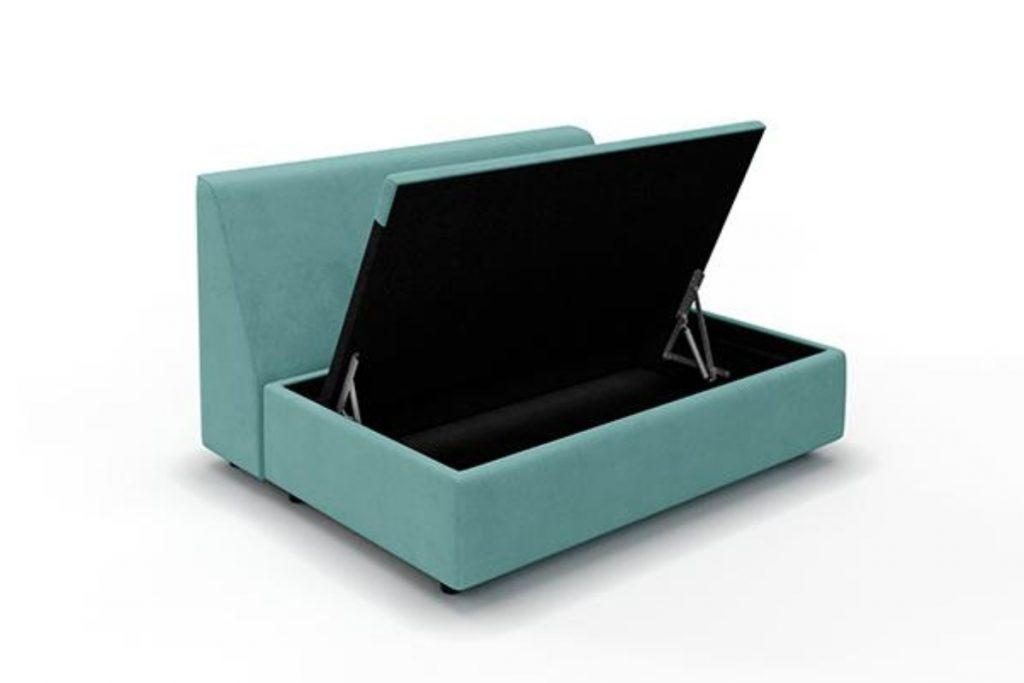 a turquoise double sofa bed with the seat lifted up