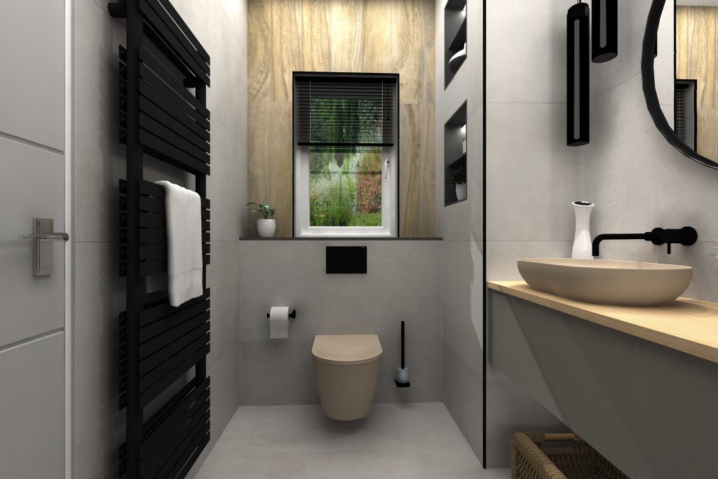 a grey bathroom full of neutral colour with a cappuccino toilet and basin and oak panels 