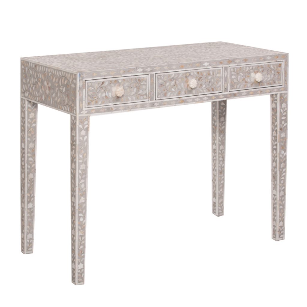 a floral Mother of Pearl console table in grey