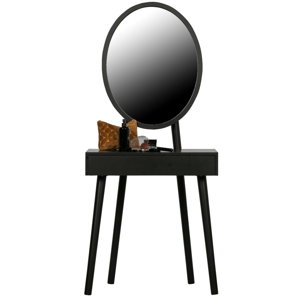 a black dressing room table with a large black mirror and accessories on top