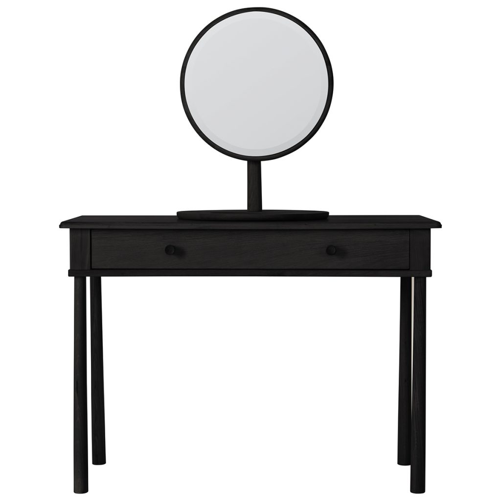 a black Modish Living console table with a round black framed mirror on top