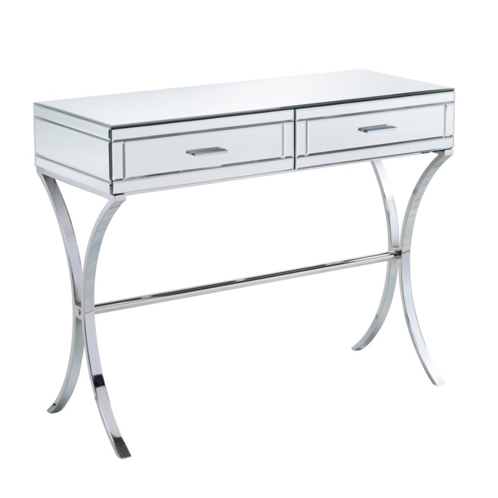 a chrome mirrored dressing room table with two drawers