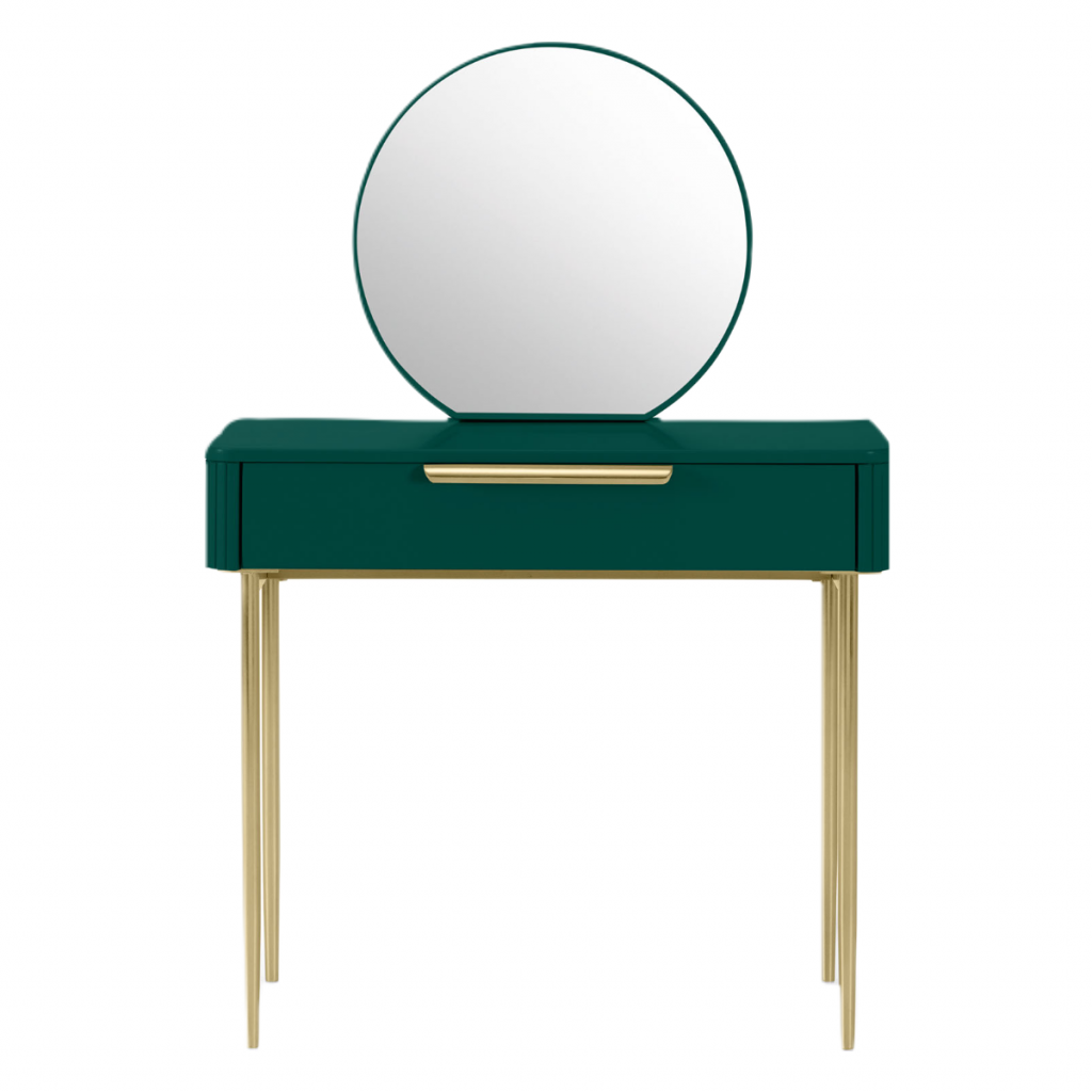 a dressing room table in forest green with brass legs and a black framed round mirror