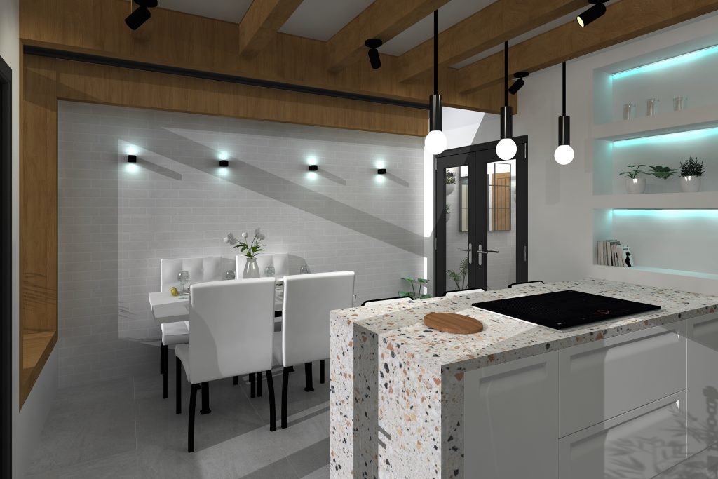 a modern white and terrazzo open plan kitchen space rendered by 4D virtual reality