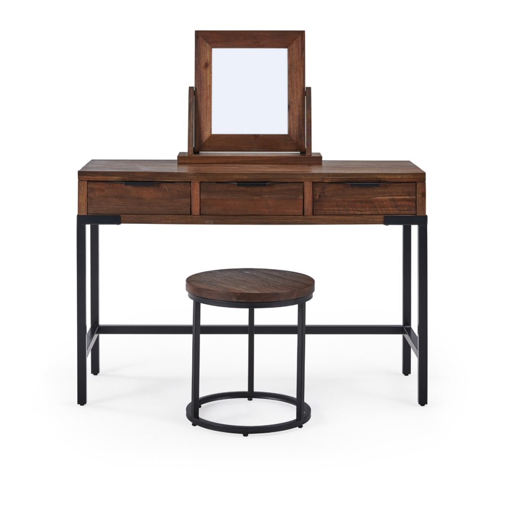 a dark oak table with a mirror on top and a stool