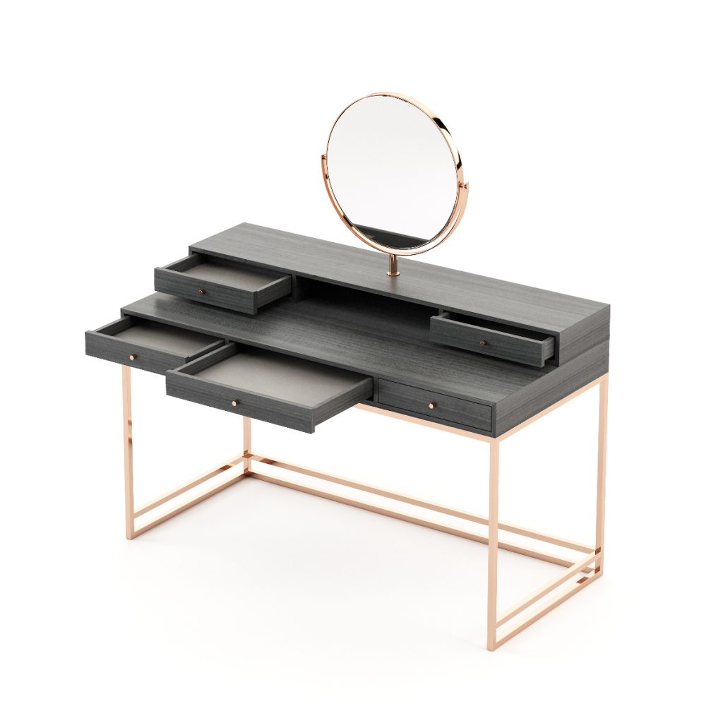 a grey dressing room table with pull-out drawers, brass legs and a round brass mirror on top