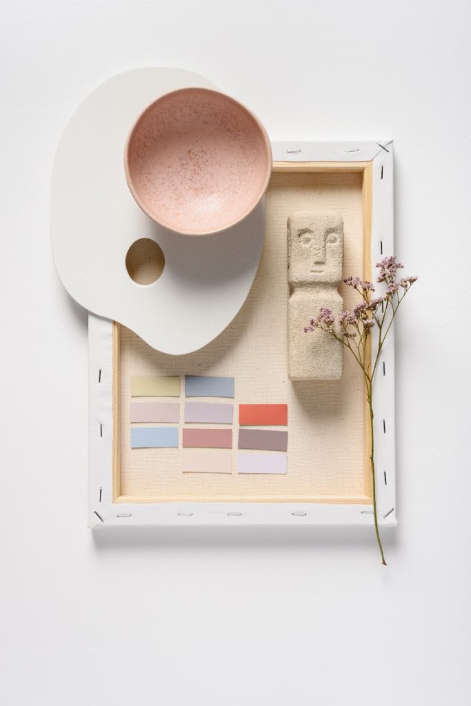 a pink, wood and natural toned mood board