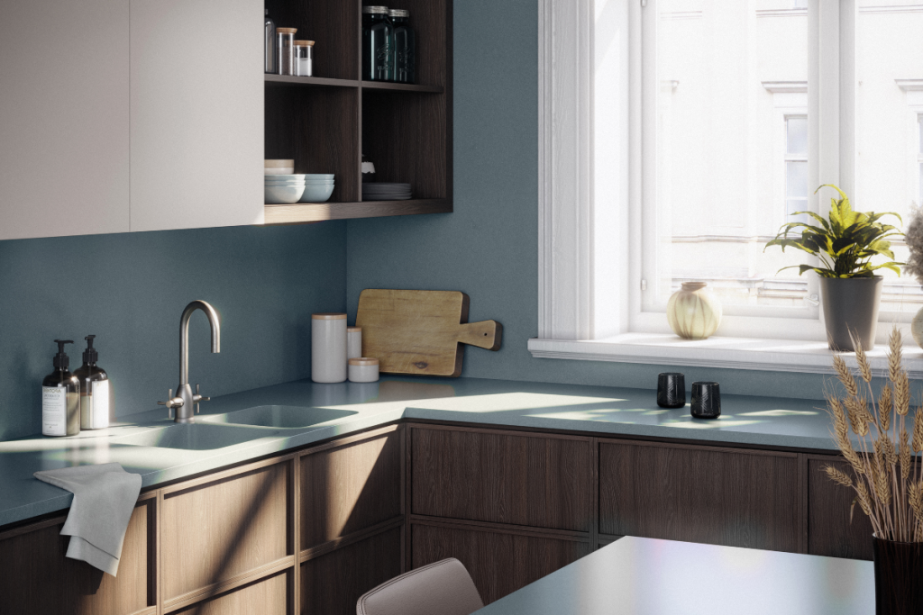 neutral cabinetry and open dark wood cupboards