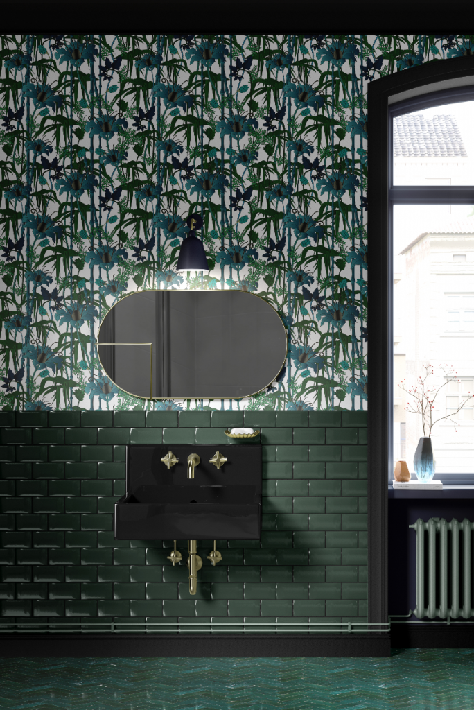 floral green bathroom wallpaper in a dark green bathroom