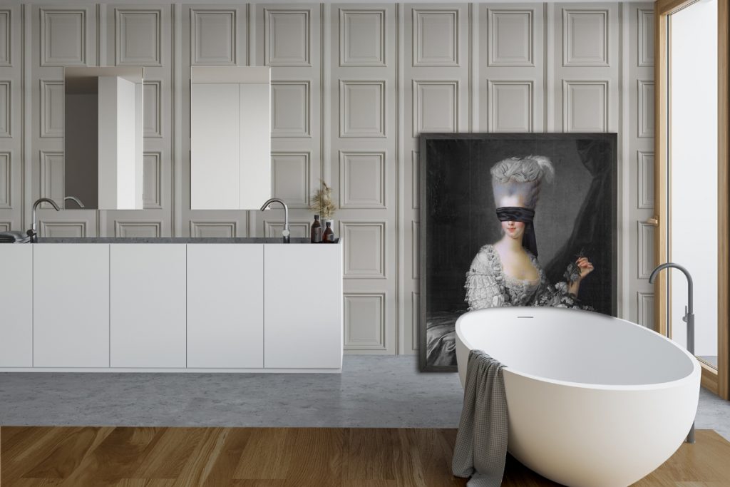 neutral wall panelling behind a freestanding tub and wooden floor