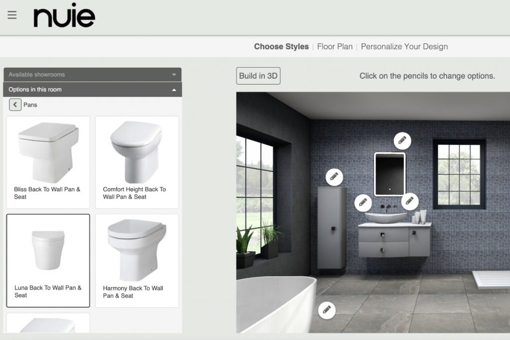 the Nuie Bathrooms' 3D design tool featuring different toilets as an example of virtual bathroom design tools