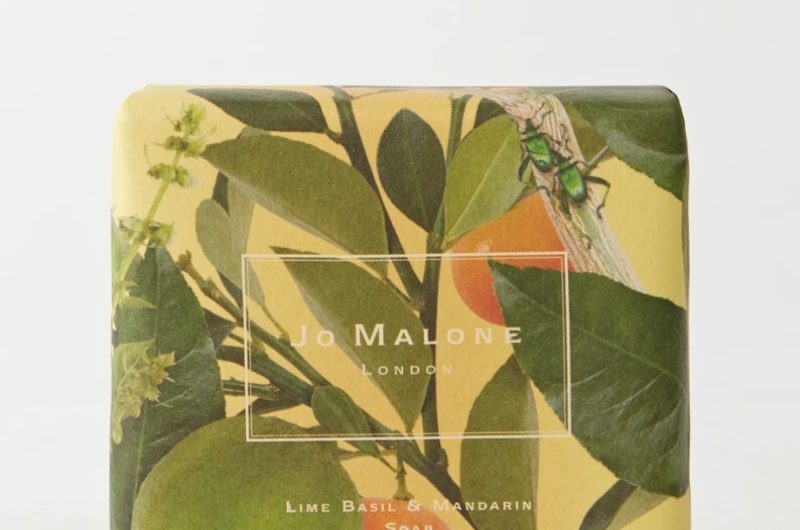 a floral green and yellow Jo Malone guest bathroom wash bag with pictures of limes and peaches on it and two green bugs