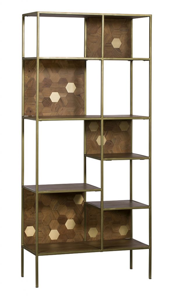 a brass and mango wood bookcase with hexagonal detailing rated one of the best brass products
