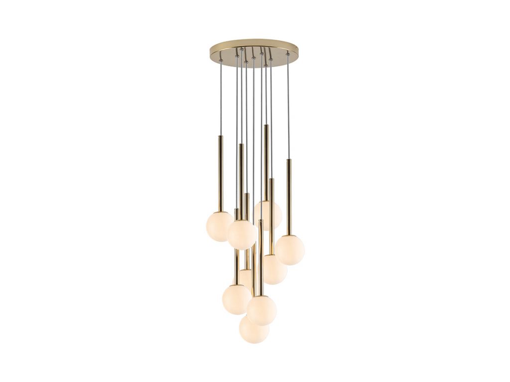 a cluster ceiling pendant light with nine illuminated spheres
