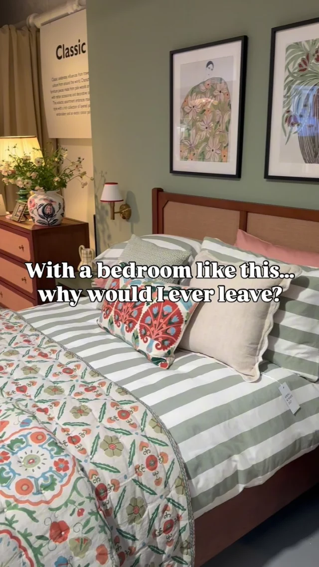 Who needs a night out when your bedroom looks like this? With rattan touches, striped sheets, and floral pillows, this space proves patterns and textures that make staying in feel like a treat. 🌙

Whether you choose to keep it simple or pile on the prints, it’s all about styling your room to match your personality! 

Save this for your dream bedroom mood board 💭